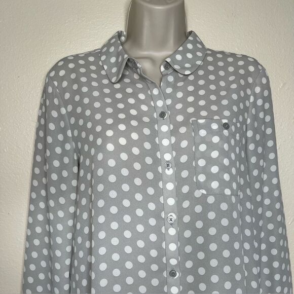 Loft Ann Taylor Gray Polka Dot Button Front Blouse Peter Pan Collar Women Small - Picture 3 of 10
